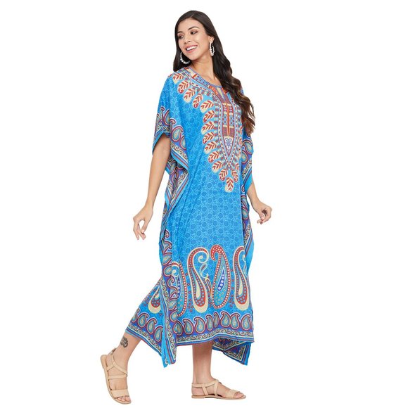 Women Plus Size Fit and Flare Paisley Printed Blue Kaftan Dress by Gypsie Blu - Picture 4 of 8
